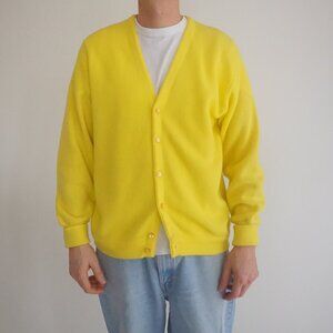 Vtg '90S Jockey Trophy Yellow Wool Blend Fine Knit Button Up Cardigan Sweater L